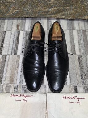 Salvatore Ferragamo Black Leather Dress Shoes - Men's 11.5 With Bags
